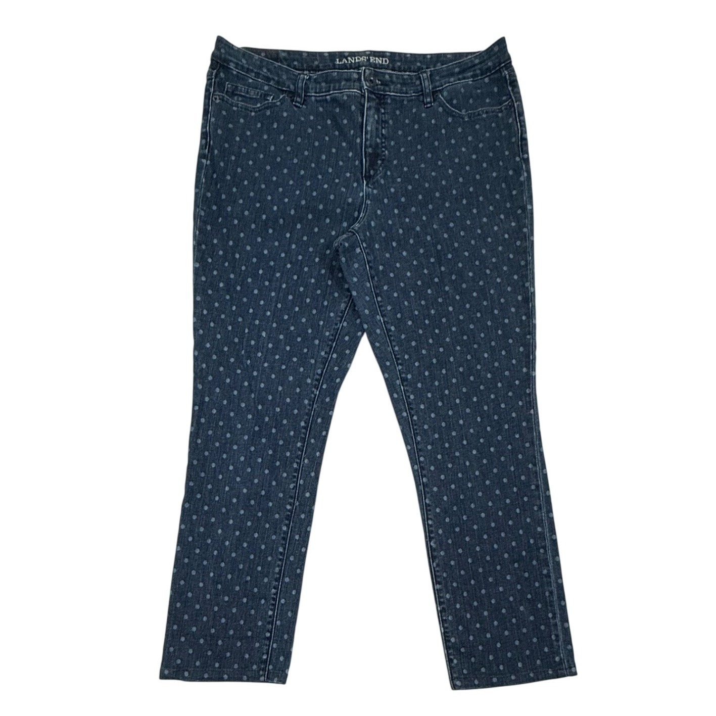 Lands End Womens 14 Mid Rise Slim Jean Dark Indigo Blue Polka Dot Denim W482